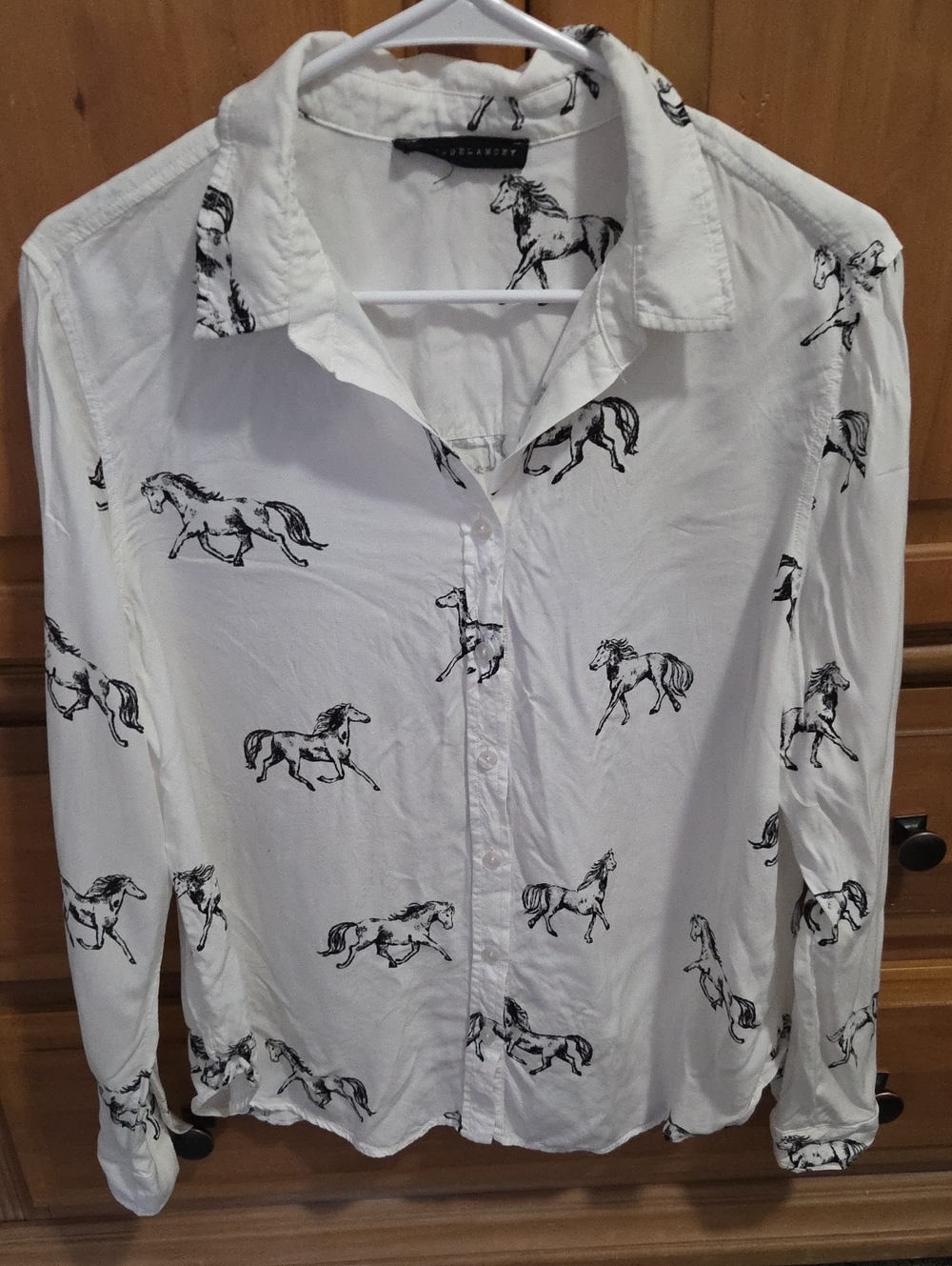 Jane And Delancey White Horse-Print Button-Up Boyfriend Shirt Size Large